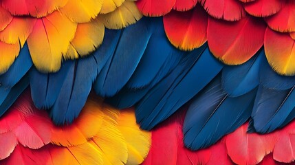 Seamless texture showing layered parrot feathers in bright tones, ideal for bold surface decoration and textile design.