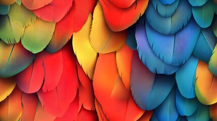 Seamless texture showing layered parrot feathers in bright tones, ideal for bold surface decoration and textile design.