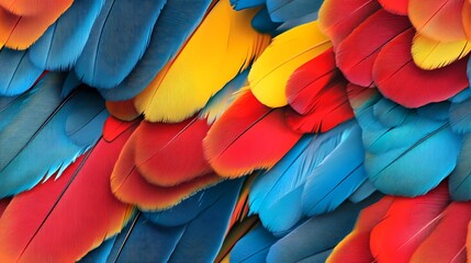 Seamless texture showing layered parrot feathers in bright tones, ideal for bold surface decoration and textile design.