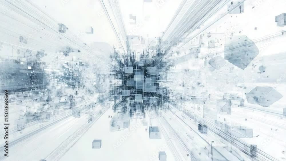 Poster digital network: an abstract composition of interconnected, translucent cubes and lines creates a dy