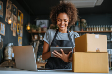 Young small business owner happily using a tablet to manage online orders with cardboard boxes and laptop in the background