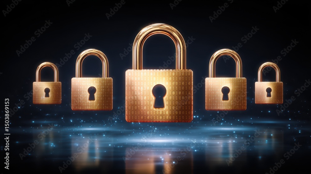 Poster digital locks connected by binary code, symbolizing cybersecurity and data protection in a futuristi
