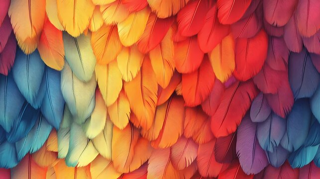 Seamless texture showing layered parrot feathers in bright tones, ideal for bold surface decoration and textile design.