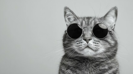 Cool cat with sunglasses on pastel background A stylish cat wearing round sunglasses, exuding coolness and attitude with a playful vibe in black and white.