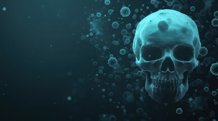 Digital depiction of glowing skull surrounded by particles, creating mysterious atmosphere