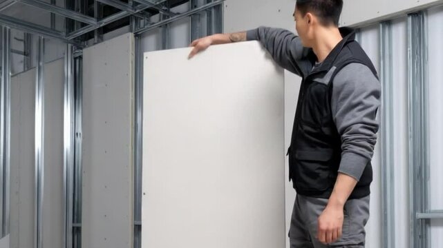 Man Installing Drywall: A worker meticulously installs a drywall panel within a construction framework, embodying the precision and dedication of a builder at work.