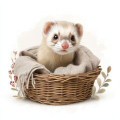 Naklejka premium A cute ferret peeks out from a cozy basket, wrapped in soft fabric, surrounded by delicate foliage.
