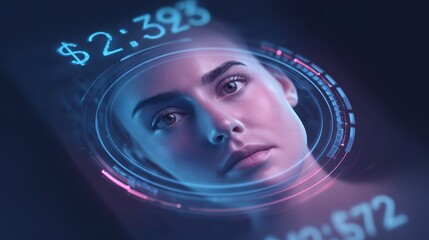 A digital portrait of a woman with holographic financial data displayed, emphasizing technology and modern finance.