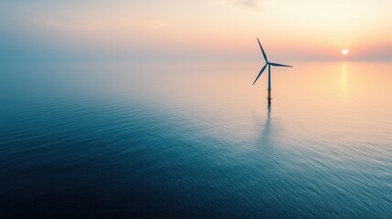 Nature conservation concept. A wind turbine stands alone in the ocean at sunset.