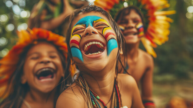 Indigenous children laughing together with painted faces and traditional attire.