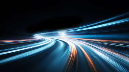 Dynamic light trails on a dark background, creating a sense of speed and motion in an abstract style.