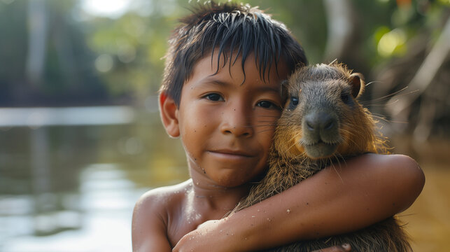 Indigenous boy hugging a capybara by the river.