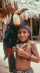 Indigenous boy with toucan on shoulder in tribal village.