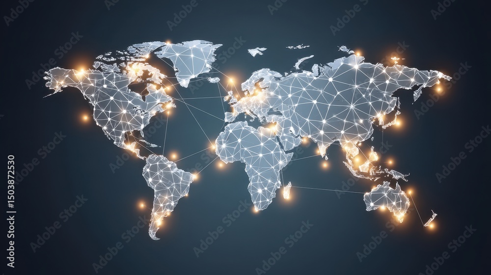 Poster a stylized world map made of lines and connected nodes, illuminated with glowing lights, representin