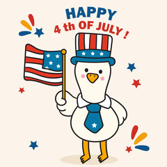 4th of july silly goose holding american flag. happy independence day. kawaii cute character