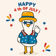 4th of july silly goose greeting. happy independence day. kawaii cute character