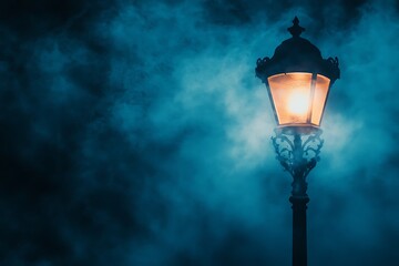 Ornate Victorian streetlamp illuminates the dark, foggy night creating an atmospheric ambiance
