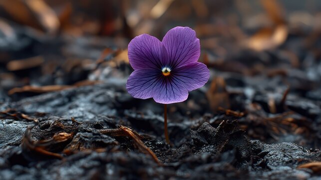 Purple flower sprouting from charred forest floor