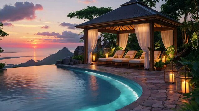 Luxurious resort scene featuring infinity pool gazebo loungers and stunning sunset coastal views over calm ocean waters