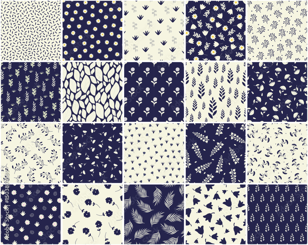 Poster Collection of vector elegant floral seamless patterns. Drawing repeatable spring nature beautiful fabric backgrounds with branches, leaves and flowers. Blue and beige design. Textile endless prints