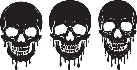 Melting Skull Vector set , Dripping Horror Skull Illustration, Black and White Creepy Design, Gothic Tattoo Art, Monochrome Illustration of Melting Skull with Dripping Effect