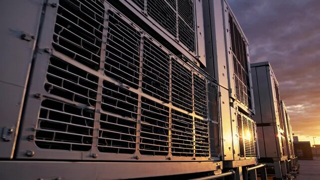 Low-angle shot of industrial air conditioning units at sunset, capturing a dramatic, cinematic style suitable for a corporate video backdrop.