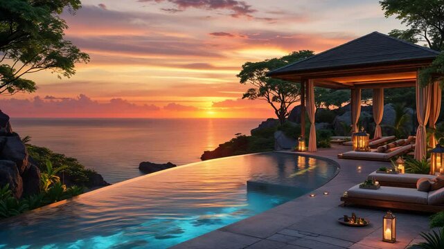 Luxurious seaside infinity pool at sunset featuring a gazebo lounge and ocean view recreation