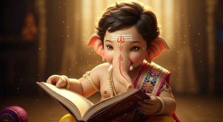 Ganesha baby reading book hindu god indian culture spirituality religion cute