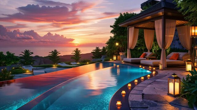 Luxurious sunset scene with infinity pool resort relaxation area and romantic candlelit ambiance