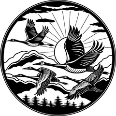 A serene vector illustration of migratory cranes flying in perfect V-formation over misty mountains at sunrise, capturing the elegance of nature's journey.