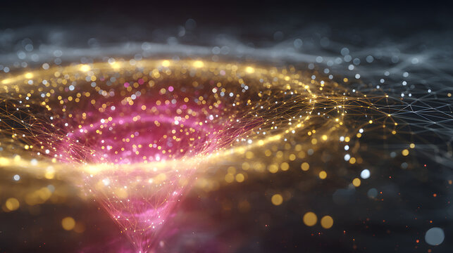 Abstract nanostructure and technologies of global digital network featuring pink information funnel and polygonal light grid 3D portal illustration
