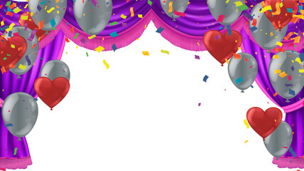 Purple stage curtain with silver balloons and red hearts used for a festive wedding by product launch.