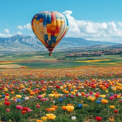 Fototapeta premium Colorful hot air balloon over a vibrant flower field
