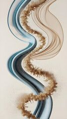 Beige background with soft blue and blue waves intertwined with translucent beige fabric. Light haze and delicate gold glitter add a sense of airiness and sophisticated luxury