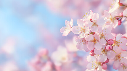 Sakura pink flowers blossoming on branches, beautiful cherry blossom against background of blue sky, dreamy romantic image spring, for nature landscape backgrounds, soft pink floral blurred background