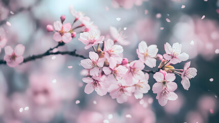 Fototapeta premium Sakura pink flowers blossoming on branches, beautiful cherry blossom on dreamy romantic image spring, for nature landscape backgrounds, a peaceful garden.