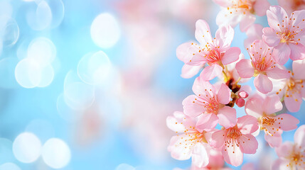 Sakura pink flowers blossoming on branches, beautiful cherry blossom against background of blue sky, dreamy romantic image spring, for nature landscape backgrounds, soft pink floral blurred background