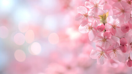 A beautiful pink cherry blossom blooming on branches in spring with delicate flowers and petals in a natural garden setting, a soft pink floral blurred background, Selective focus and copy space