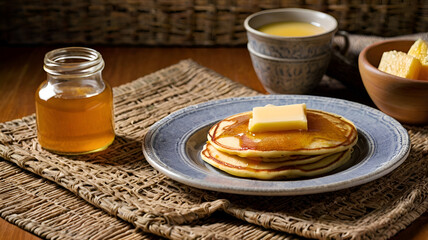 Breakfast with honey bread coffee and sweet treats on the table