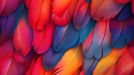 Obraz premium Seamless texture showing layered parrot feathers in bright tones, ideal for bold surface decoration and textile design.