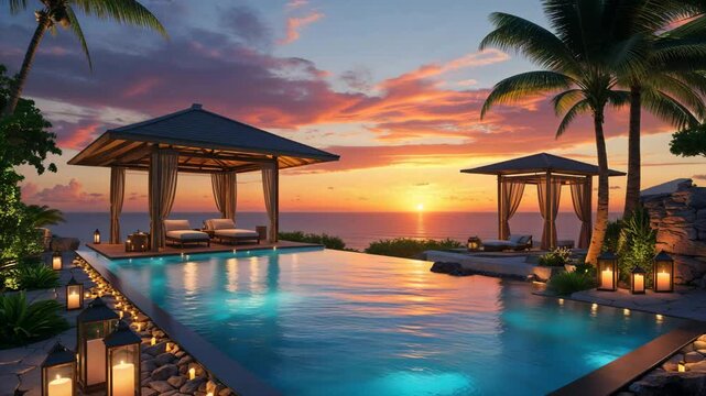 Serene sunset over a luxury infinity pool resort featuring palm trees and ocean views at dusk