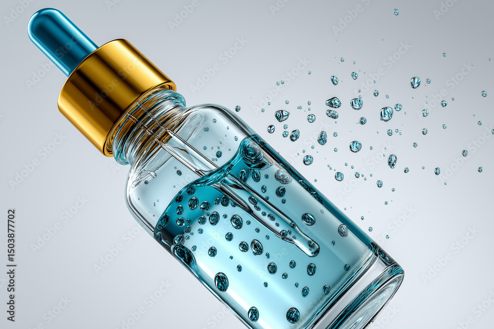 Fototapete a glass bottle with a gold and blue dropper, set against a white background. the 3d rendering showca