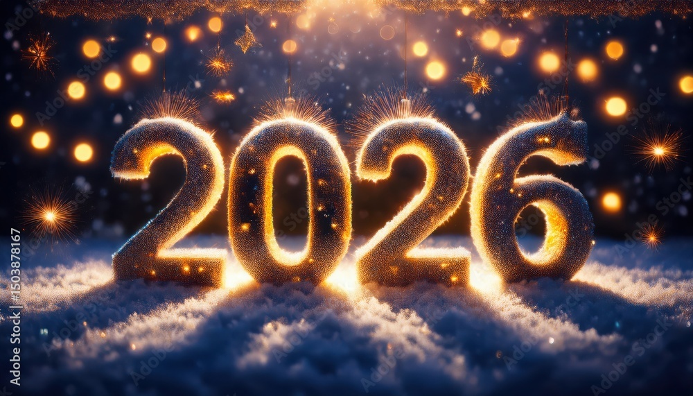 Aufkleber  glowing 2026 numbers in frosty snow with golden lights and bokeh for new year web design, print poster, holiday branding, winter celebration, or festive greeting background