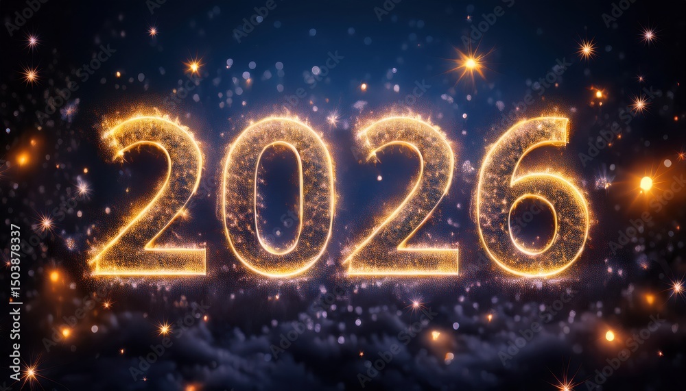 Poster  glowing 2026 numbers in frosty snow with golden lights and bokeh for new year web design, print poster, holiday branding, winter celebration, or festive greeting background