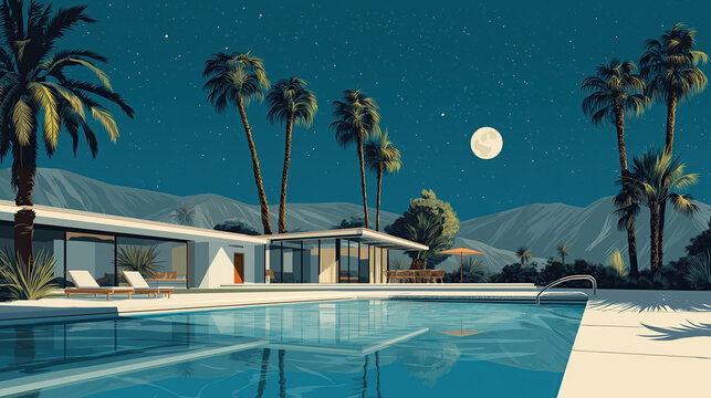 Mid-century modern hotel courtyard with swimming pool, retro flat illustration style, full moon night scene