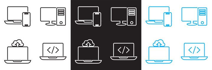 Computer related  icons. Laptop, desktop  etc. Vector for websites, mobile interfaces, presentations, banner, visual branding etc. Vector illustration. isolated on white and black background. EPS 10