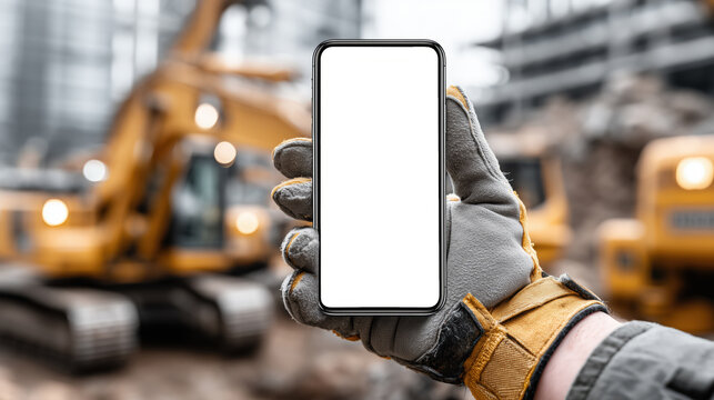 hand holding phone,  wearing safety glove, blank white screen, heavy equipment background, clean lighting