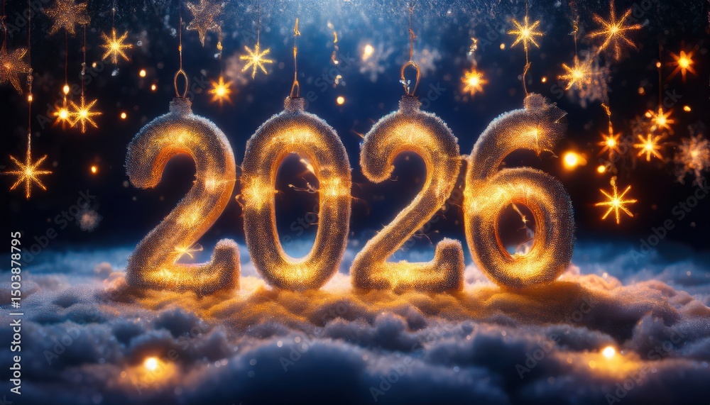 Poster  glowing 2026 numbers in frosty snow with golden lights and bokeh for new year web design, print poster, holiday branding, winter celebration, or festive greeting background