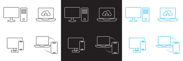 Computer related  icons. Laptop, desktop  etc. Vector for websites, mobile interfaces, presentations, banner, visual branding etc. Vector illustration. isolated on white and black background. EPS 10