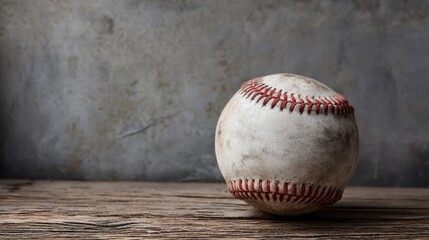 Vintage Baseball on Weathered Stadium Bench &ndash; Classic White Ball with Red Stitching Against Concrete Backdrop. Rustic Sports Photography with Timeless Appeal.